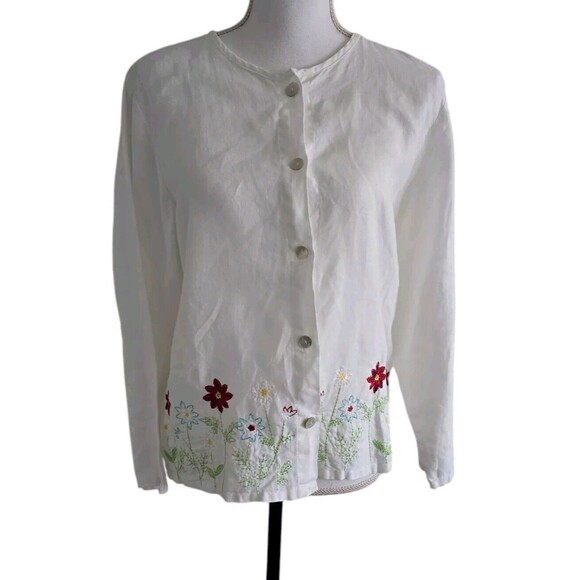 Russ Berens Linen Top White Floral Stitching Button Up Long Sleeve X Small USA - Picture 1 of 14